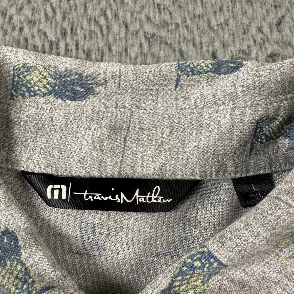 Travis‎ Mathew Polo Mens L Pineapple All Over Print Gray Golf Shirt Embroidered